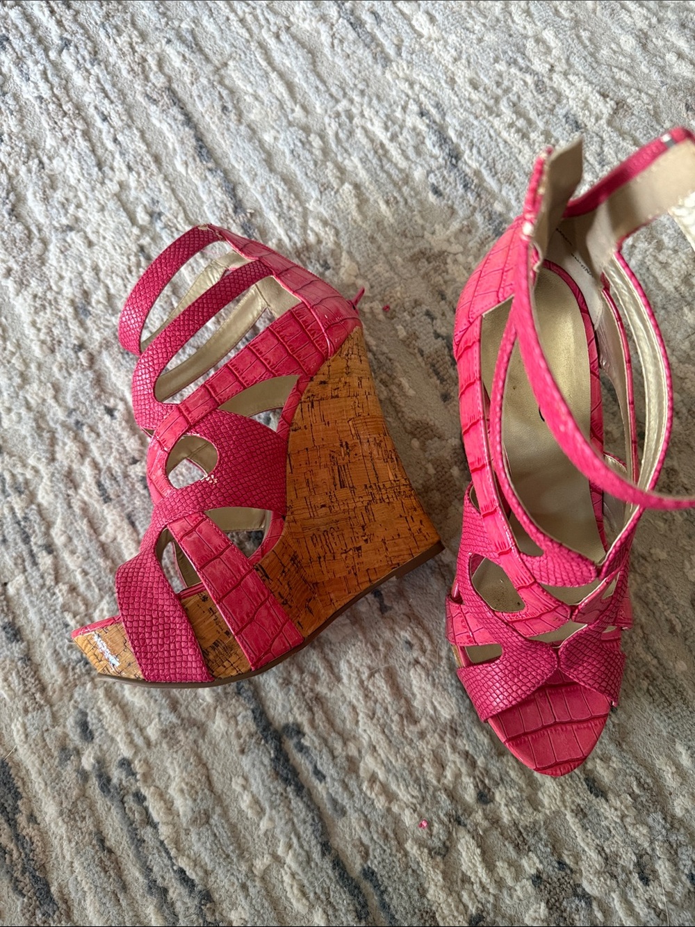 bebe Hot Pink Textured Cork Wedge Sandals